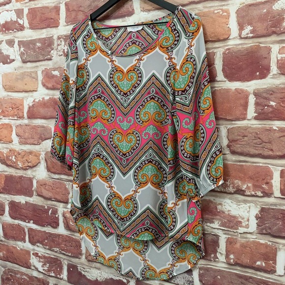 PEACH LOVE CALIFORNIA PINK MULTICOLOR BOHO FLORAL PULLOVER BLOUSE - Picture 2 of 8